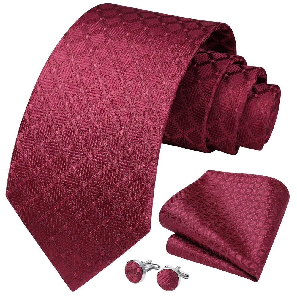 8668 Plaid Tie Set Burgundy Silk Ties Pocket Square Cufflinks Set Violet
